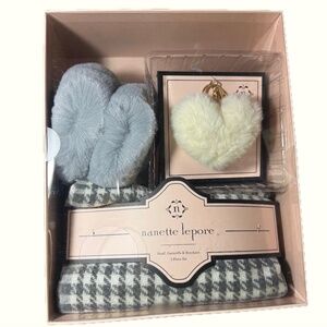 New in Box Nanette Lepore Scarf, Earmuff & Keychain Accessory Set